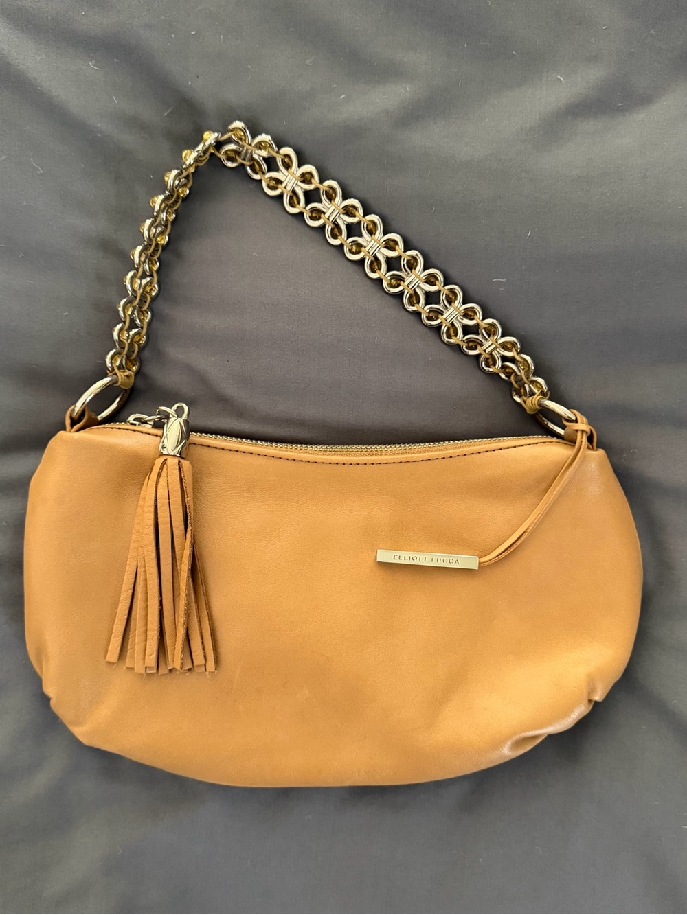 Elliott Lucca Tan Leather Shoulder Bag with Gold Chain Strap and Tassle